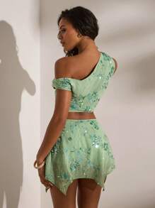 Opulessa 亮片极简主义不对称下摆夏季度假裙女士灰绿色裙子