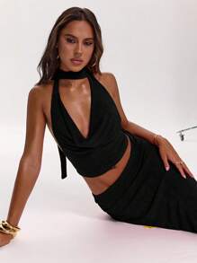 SHEIN BAE Fashion Sexy Halter Backless Top And Skirt Set, Suitable For Date Night, Singles Party, Wedding Guest, Holiday Beach Vacation, Spring/Summer