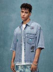 ROMWE MEN Casual Street Life Men's Boxy Fit Printed Denim Top, Denim Short Sleeve Shirt - Blue - View 4