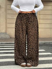 Muchica Plus Size Loose Straight Leg Pants With Leopard Print, Casual, For Autumn/Winter