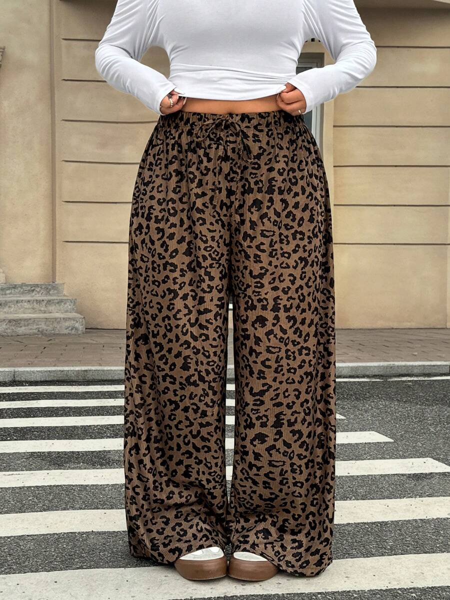 Muchica Plus Size Loose Straight Leg Pants With Leopard Print, Casual, For Autumn/Winter