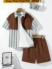 SHEIN 2 件青少年男孩休闲二合一 Polo 领短袖衬衫和松紧腰短裤套装，适合秋季、春季、夏季、户外玩耍、学校、街头、派对和休闲 - 棕色 - 查看 3