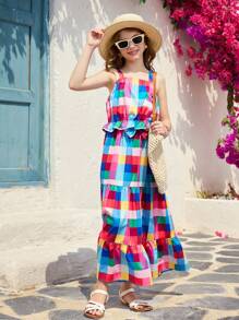 SHEIN Set de 2 piezas, Top corto con volantes de cuadros de colores y falda a juego decorada con lazo para vacaciones de niñas