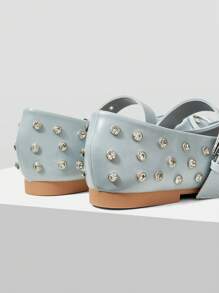 MOTF PREMIUM FASHIONABLE VINTAGE PUNK COMFORTABLE CASUAL STUDDED BOW DECOR MARY JANE ROUND TOE FLAT SHOES - Baby Blue - View 6