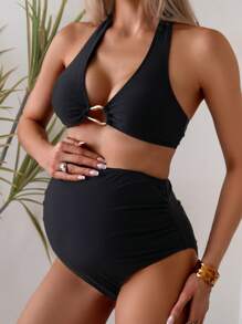 SHEIN Maternity Swimsuit Set, Halter Neck Solid Top And Triangle Bottom, Fashionable For Summer