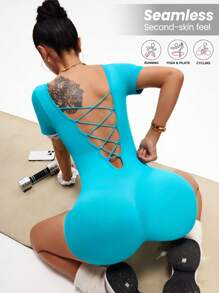 Slayform Women's Short Sleeve Seamless Athletic Criss-Cross Open Back Shorts - Blue - View 1