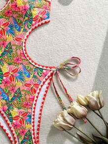 Swim Vcay Women's One-Piece Swimsuit, Floral Printed, Bohemian Style, Fringe Trim Details, Side Cut-Out Design For Summer Beach Vacation - Multicolor - View 4