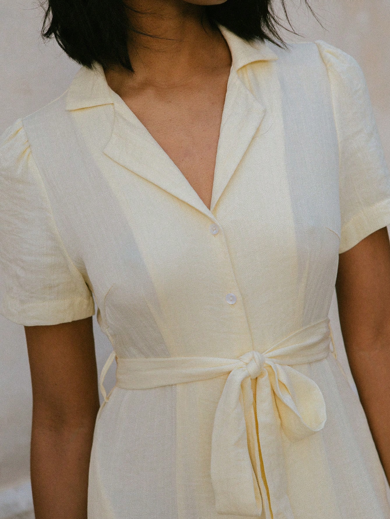 Butter Yellow Vintage Button Front Tie Waist Midi Dress Office Outfits For Women Teacher Dress Office Dress Spring Dress