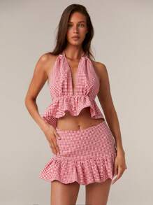 Athîral Falda corta evasé con volantes en el bajo a cuadros para mujer - Rojo y blanco - Ver 1