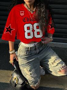 SHEIN EZwear Women Casual V Neck Loose Short 5/8 Sleeve Mesh T-Shirt, Suitable For Summer Sports, With Number 88 & Star Pattern Back To School Chic