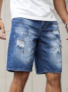 Manfinity LEGND Pantalones cortos vaqueros casuales de hombre con bolsillo y estampado de salpicaduras desgastado - Azul - Ver 6