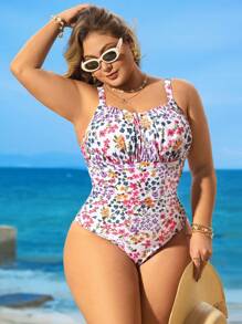 Swim Lushoire Traje de baño de una pieza con estampado floral pequeño talla grande, ropa de playa