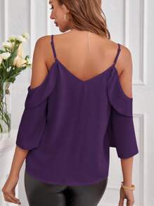 SHEIN Clasi 女士纯色露肩荷叶边春季衬衫 - 紫色 - 查看 2