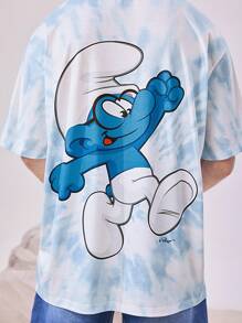 The Smurfs X SHEIN Camiseta oversize de hombre con estampado de dibujos animados y teñido anudado, camiseta gráfica de verano