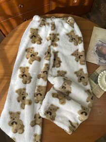 SHEIN EZwear بنطلون مستقيم ذو خصر مشدود بطباعة الدبب المنفر للنساء