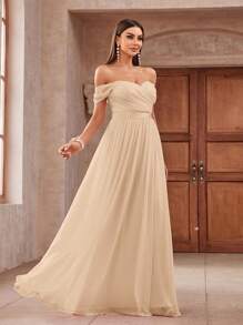 Aureia Romantic Elegant Shiny Mesh Off Shoulder Ruffle Strappy Decorated Waist Voluminous Flowy Mesh Bridesmaid Dress - Apricot - View 4