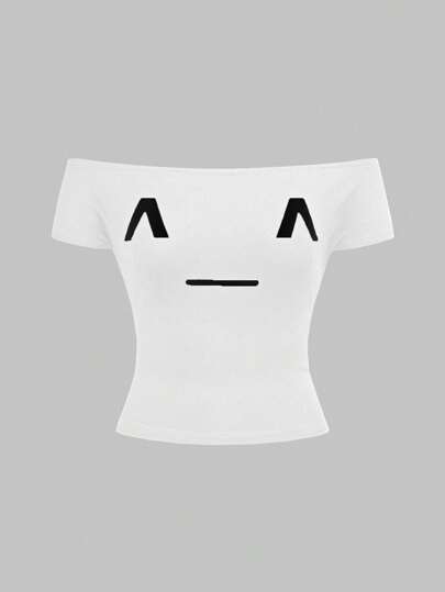 Kawaii Subkultur-Junge-Frau-Lässig-Emoticon-Muster-Off-Shoulder-Enges-Damen-T-Shirt