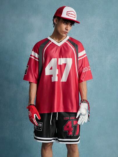 Street Life Herren Sport V-Ausschnitt T-Shirt mit Nummer Muster und Shorts mit Kordelzug Taille Basketball Outfit