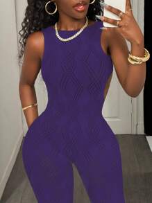 BamGleam Women's Solid Color Crew Neck Hollow Mesh Jumpsuit