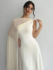Firerie Women's Summer New Simple Elegant Party Dress With Scarf Detachable Straps, Asymmetrical Sleeves, Net Mesh Splicing Solid Color Mid-Length Dress - Apricot - View 4