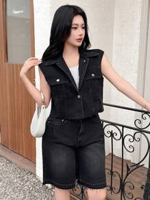 DAZY Women Street Style Denim Jacket And Shorts 2 Pieces Set, Spring/Summer - Black - View 2