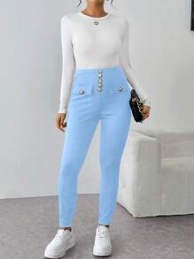 SHEIN Unity Pantalones casuales de unicolor y ajuste ceñido para mujeres para ir al trabajo - Azul - Ver 6