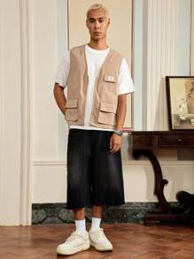 SWAVVY Loose Fit Men's Flap Pocket Vest Jacket (Without Tee), Fall, Winter