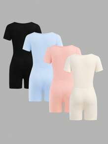 SHEIN Girlism 4pcs/Set Tween Girls' Casual Street Knit Solid Color Mock Neck Romper, School, Campus, College - Multicolor - View 2