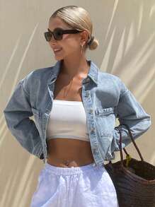 DAZY Jaqueta jeans casual solta de verão para mulheres, adequada para a temporada de formatura - Azul - Ver 3