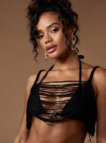 MISSGUIDED Conjunto de dos piezas de fiesta de verano para playa, festival, club, baile con detalles de flecos, shorts cortos y top corto- Ropa de vacaciones para resort estilo hawaiano