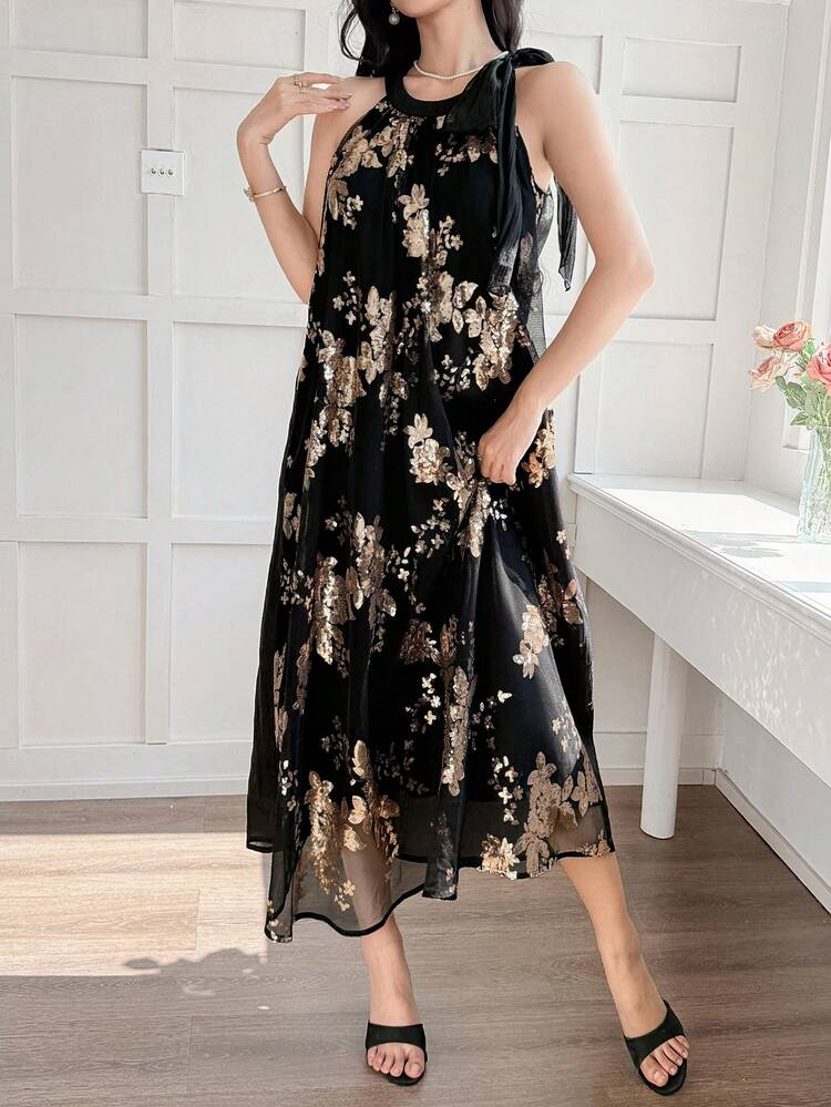 Women's Summer Sleeveless Textured Tie-Up Halter Maxi Elegant Party Dress Floral Dresses For Women