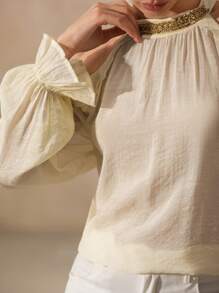 Chiquease Women's Ruffled Collar, Bead-Decorated Open Shoulder Long Sleeve Blouse, Stylish & Slimming - Apricot - View 8