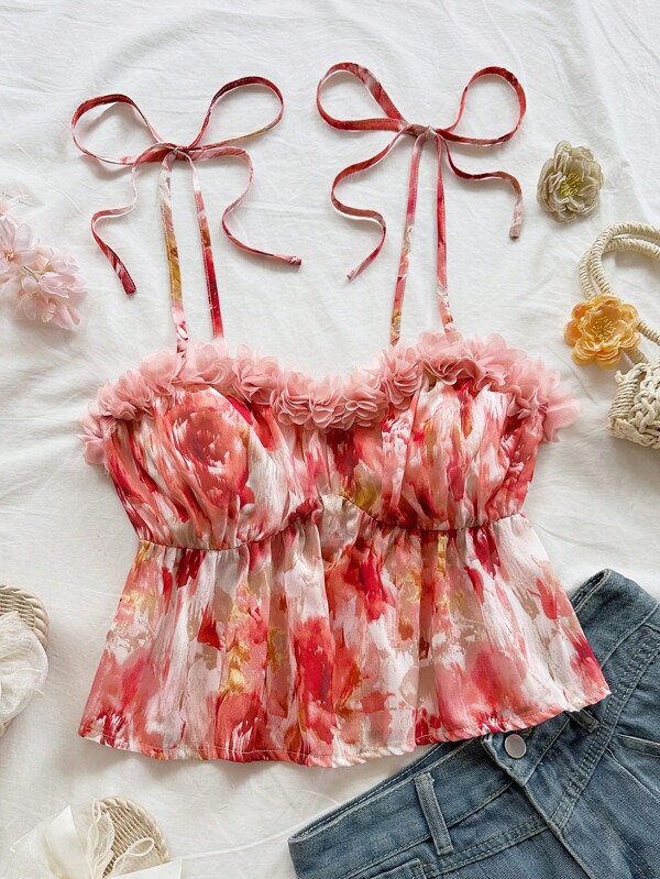 Soleia Women's Tie-Dye & 3D Floral Decor Chiffon Halter Cropped Top, Suitable For Holiday, Date, Afternoon Tea, Beach, Cruise, Road Trip, Music Festival, Boho Vacation Floral Top