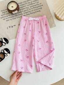 SHEIN 女婴休闲舒适百搭可爱粉色蝴蝶结设计裤子 - 粉色 - 查看 5