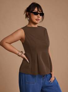 SHEIN Unity Plus Size Women Summer Birthday Casual Going Out Fashion Casual Flowy Hem Tank Top - Brown - View 4