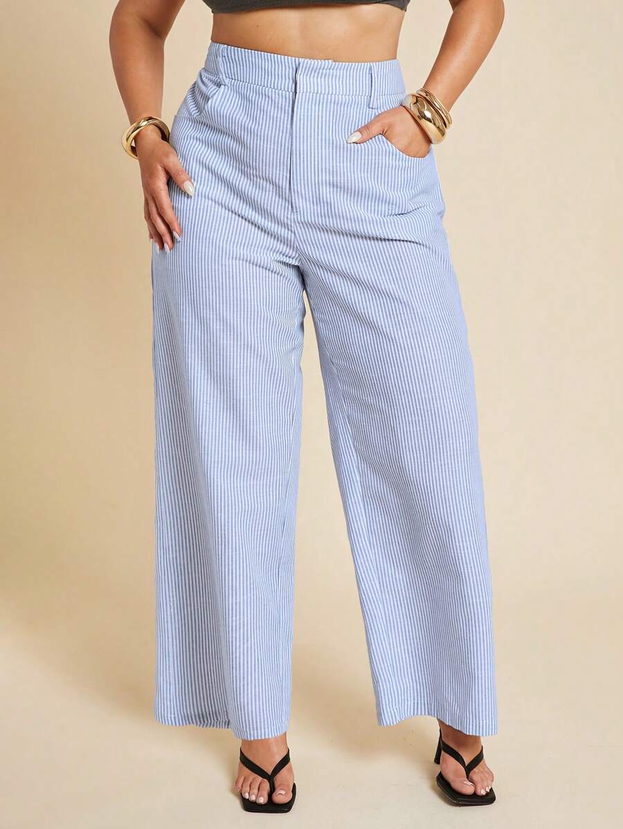 SHEIN BAE Quần âu sọc xanh trắng thường ngày mùa xuân và mùa hè cỡ lớn dành cho nữ, Quần dài đi biển, Quần công sở, Phụ nữ ngày 4 tháng 7, Ngày 4 tháng 7, Đường cong ngày 4 tháng 7, Kỳ nghỉ, Kỳ nghỉ, Câu lạc bộ gợi cảm, Sinh nhật, Sân bay dành cho phụ nữ, Tốt nghiệp - Xanh và trắng - Xem 1