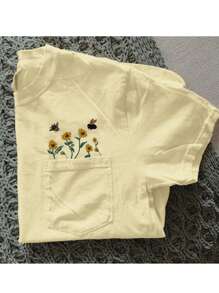 Embroidered Bee And Sunflower T-Shirt For Summer