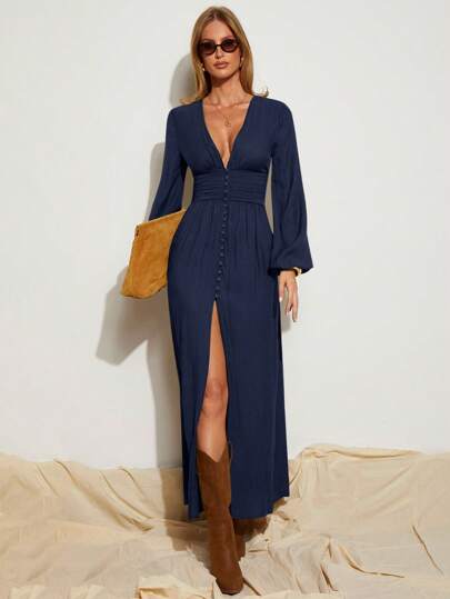 COSMINA Women's Elegant Brown High Slit Long Sleeve Dress, Suitable For Resort Wear, Spring & Summer Long Sleeve Maxi Dress,Dresses For Women Summer