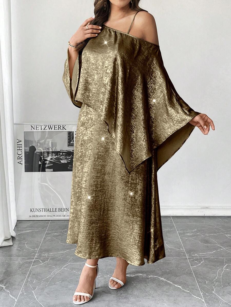 SHEIN Essnce Ținute de vacanță pentru femei de primăvară și vară pentru ziua Îndrăgostiților Rochii pentru femei Rochii de zi de naștere pentru femei Rochii de femei elegante cu umăr în afara rochii de aniversare pentru femei Vacanță Rochie pentru invitați la nuntă Tinute de croaziera pentru femei Tinute de vacanță Fairycore Femei Rochii modeste pentru femei Ținută de concert Rochie fluidă pentru femei Rochie modestă Topuri de clasă Nouă modă Naveta elegantă, auriu, sexy, rochie cu bretele cu coadă de pește, set asymetric - Aur - Vizualizare 1
