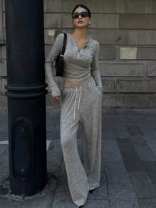 DAZY 2pcs/Set Solid Color Long Sleeve Suit For Women Y2k Tracksuits Women Set Lounge Sets For Women - Khaki - View 4