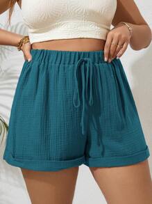 SHEIN VCAY Damen Große Größen Shorts Einfarbig mit Taillenband und umgeschlagener Baumkante, Lässig