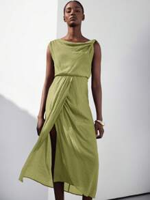 Aveloria Modichic Váy hở lưng hở lưng họa tiết cổ rộng thanh lịch mùa xuân/hè dành cho nữ - màu xanh lá - Xem 5