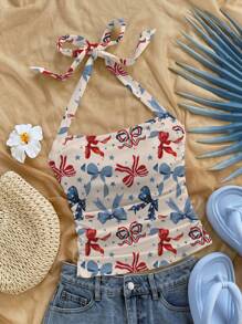 SHEIN SXY Summer Flag Style Halter Neck Bowknot Women Tank Top