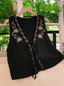 Comfortcana Áo cánh nữ không tay màu đen thêu hoa phong cách Bohemian buộc phía trước, mùa hè - màu đen - Xem 6