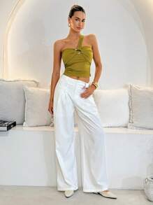 SHEIN Clasi Top court avec décoration métallique col asymétrique, convient pour l'été - Vert - Voir 3