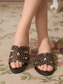 CUCCOO TILAWA Women Fashion Rhinestone Decorated Flat Sandals, Summer - Black - View 2