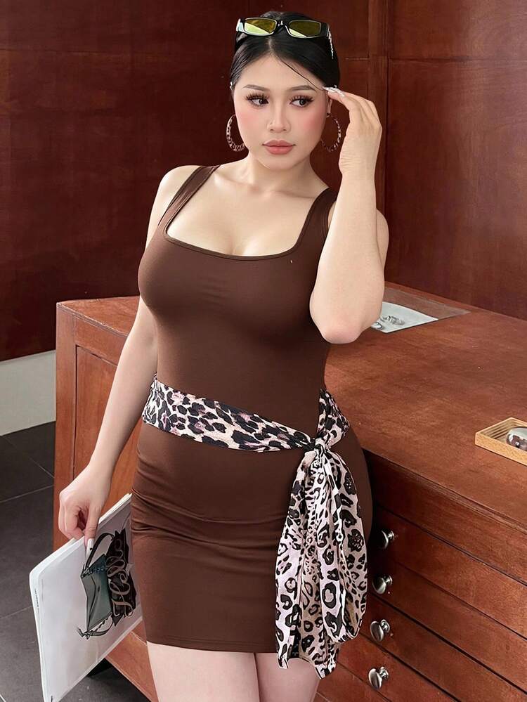 Plus Size Solid Color Wrap Front Crop Tank Top Spliced With Leopard Print Tie Waist Dress, Suitable For Summer