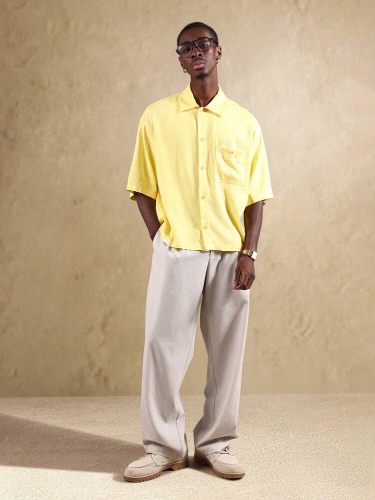 メンズシャツ：ボタンダウンリネン風リラックスフィットシャツ