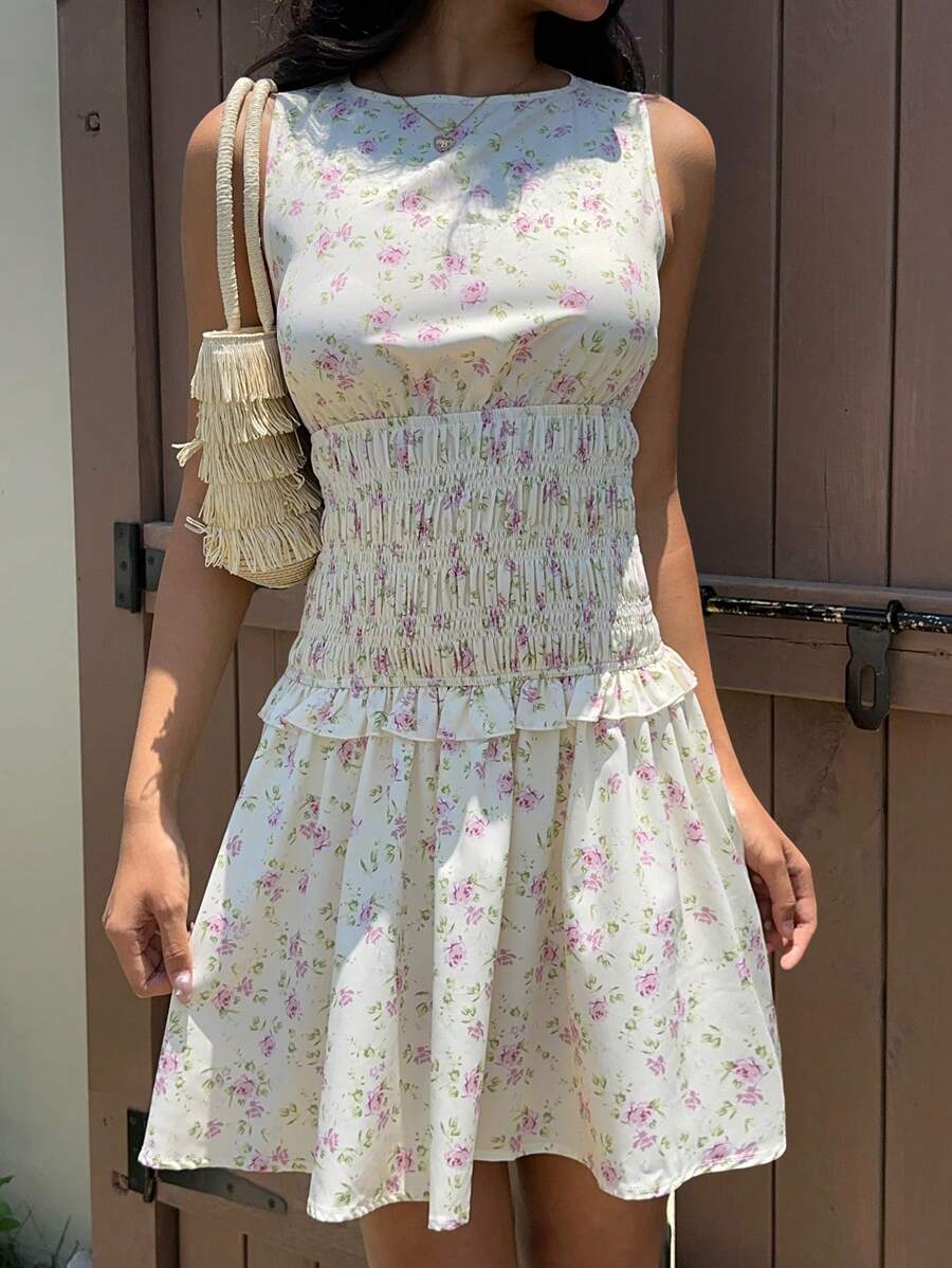 SHEIN EZwear Summer Casual Vacation Floral Print Sleeveless Waist Cinching Mini Dress For Women - Multicolor - View 1
