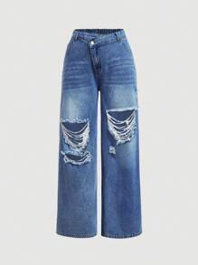 SHEIN MOD Plus Size Distressed Straight-Leg Blue Denim Jeans - Medium Wash - View 5